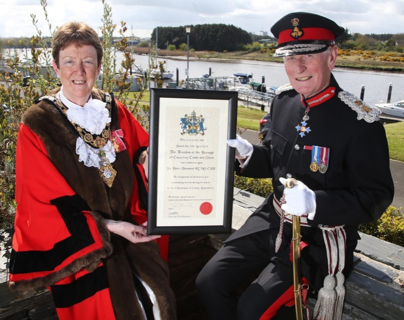 Sir Denis Desmond KCVO CBE, Lord Lieutenant of County Londonderry, pictured with the Mayor of Causeway Coast and Glens Borough Councillor Joan Baird OBE following the Freedom of the Borough ceremony held in Council’s civic headquarters in Coleraine.