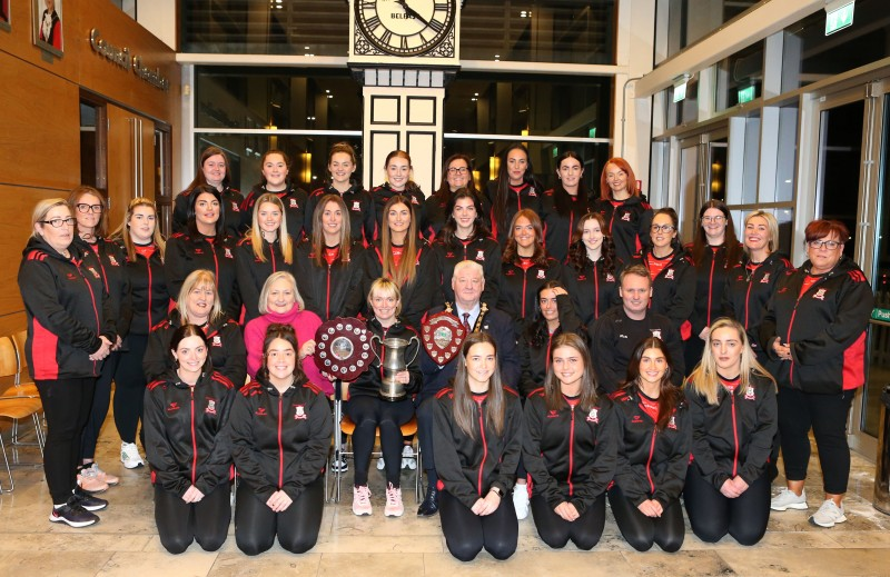 Drumsurn GAC Camogie team celebrate their treble success at a civic reception in Cloonavin, hosted by Mayor of Causeway Coast and Glens, Councillor Steven Callaghan. Also pictured is Councillor Brenda Chivers.