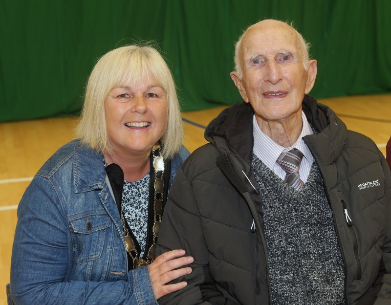 Dungiven Bowling Club’s oldest honorary member Ivor Canning pictured with Deputy Mayor Margaret-Anne McKillop