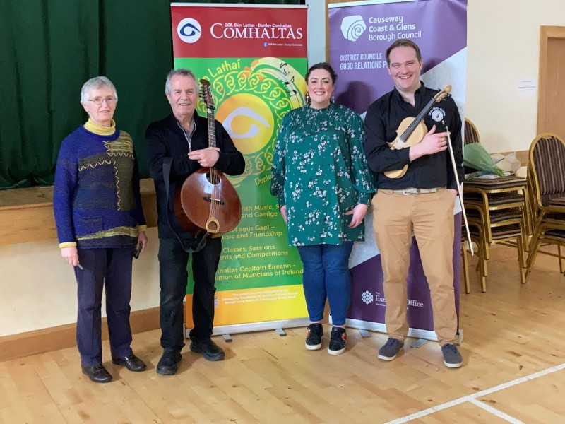 Maureen Gaston from Dun Lathaí CCÉ pictured with Frank Cassidy, Caoimhe Ni Chathail and Johnny Murphy who provided some of the entertainment during the event in Dunloy.