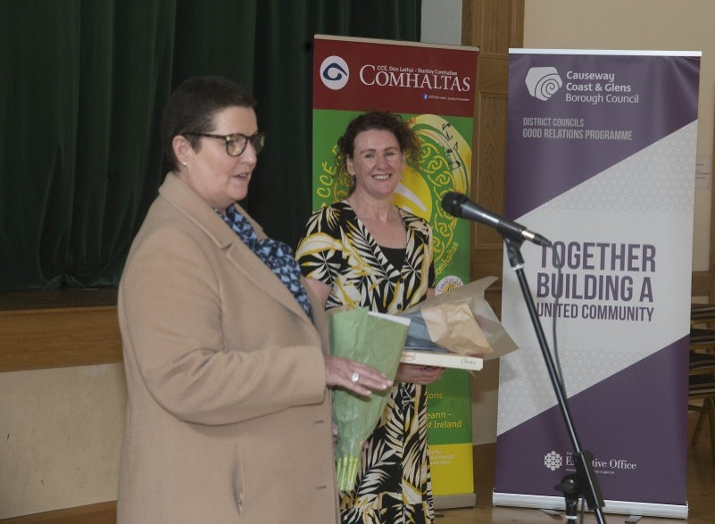 Louise Morrow from the Fuse Centre and Gael na Glinntí Irish Language Development Officer Deirdre Goodlad who took part in the event at St Joseph’s Parish Centre in Dunloy.