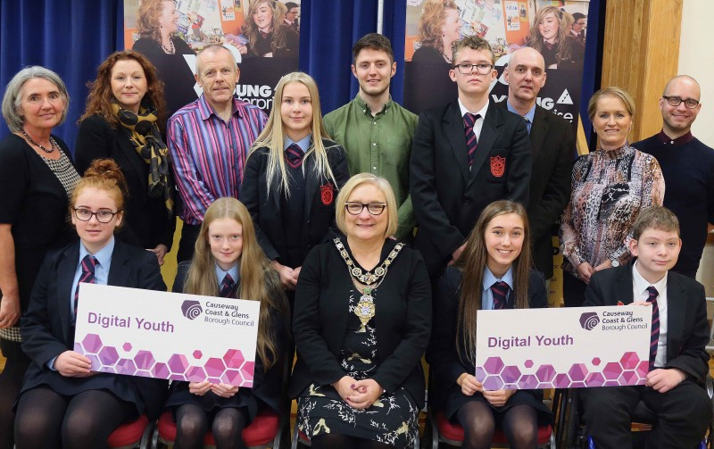 The Mayor of Causeway Coast and Glens Borough Council, Councillor Brenda Chivers pictured at the Digital Youth launch event with pupils and teachers from Dunluce School in Bushmills, Bridget Mc Caughan, Causeway Coast and Glens Borough Council, Martin Clark, Causeway Coast and Glens Borough Council,  Andrew Mc Cracken, Digital Ambassador, Goyft and members of staff from Young Enterprise NI.