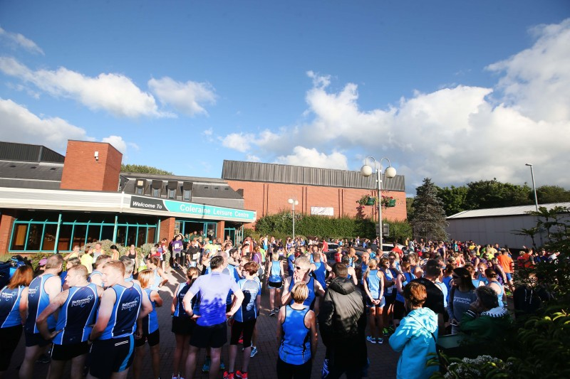 Large crowds of runners warm up at Coleraine Leisure Centre ahead of the Edwin May Five Mile Classic race organised by Causeway Coast and Glens Borough Council.