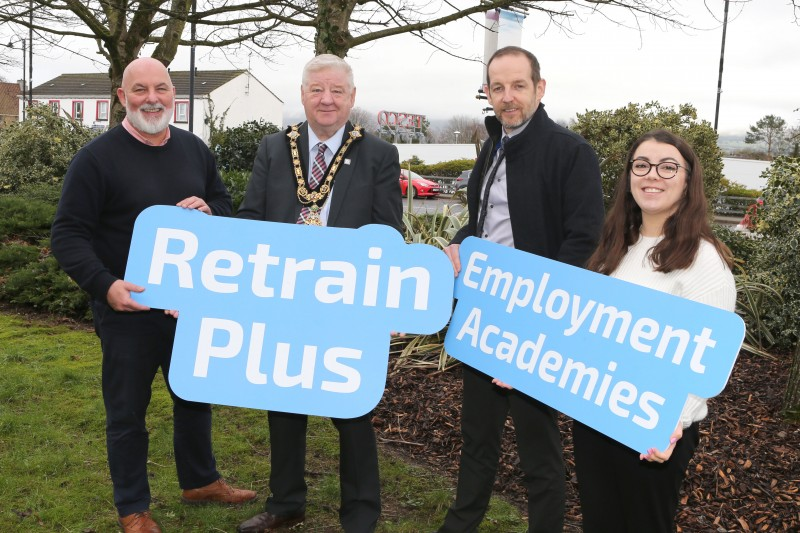 Mayor of Causeway Coast and Glens, Councillor Steven Callaghan launches the Retrain Employment Academies programme with Marc McGerty, Luke McCloskey and Chloe Stewart from the Labour Market Partnership.