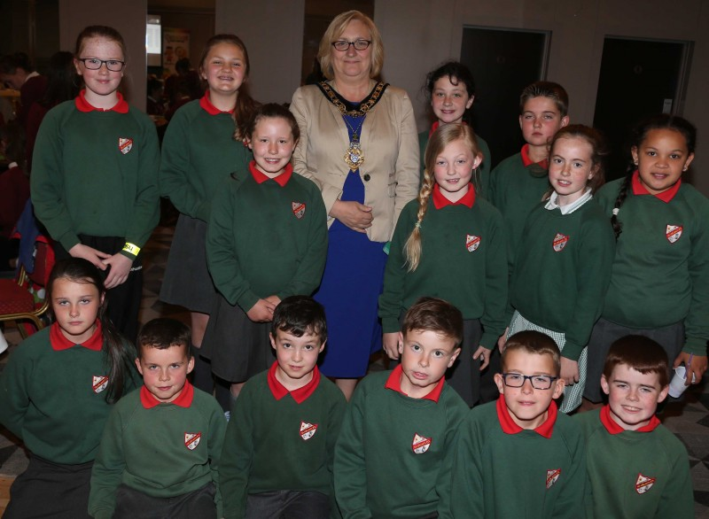The Mayor of Causeway Coast and Glens Borough Council Councillor Brenda Chivers pictured with pupils from St Olcan’s Primary School in Armoy at the Energy Detectives celebration event.