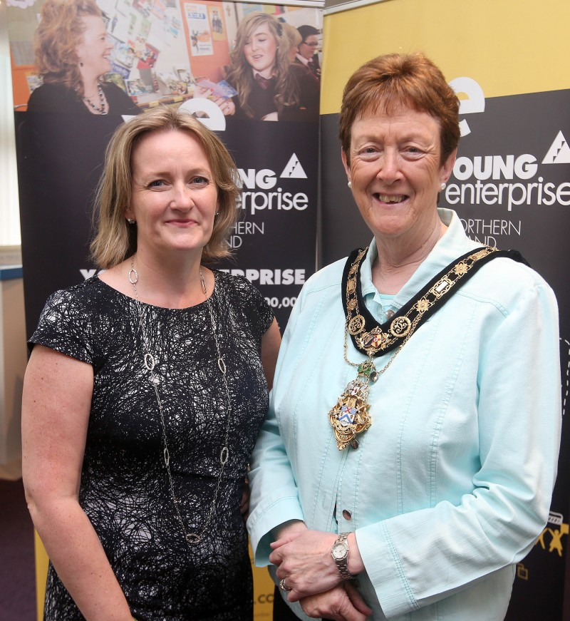 The Mayor of Causeway Coast and Glens Borough Council, Councillor Joan Baird, OBE pictured with Carol Fitzsimons, Young Enterprise Chief Executive at a civic reception for Young Enterprise volunteers.