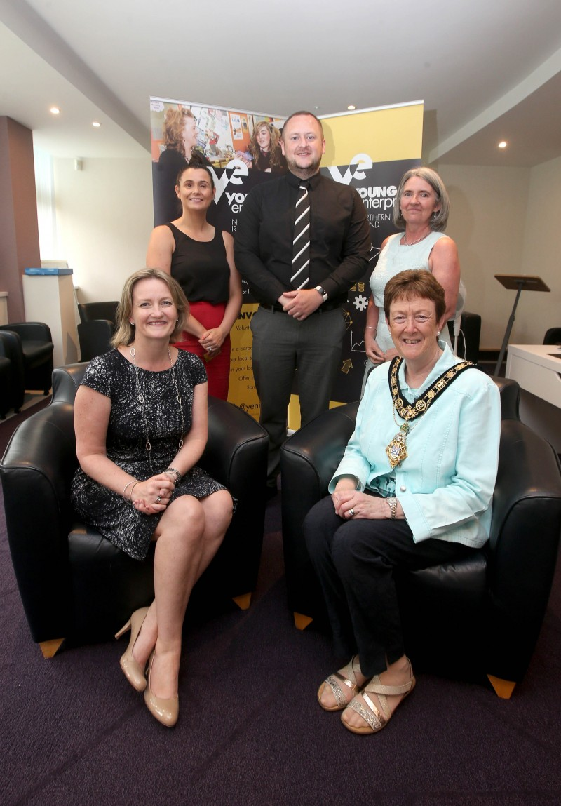 The Mayor of Causeway Coast and Glens Borough Council, Councillor Joan Baird OBE pictured with (back row) Bronagh Mc Auley, Martin Morgan and Jane Hanna from Young Enterprise and (front row) Carol Fitzsimons, Young Enterprise Chief Executive.