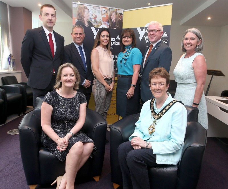 The Mayor of Causeway Coast and Glens Borough Council, Councillor Joan Baird, OBE pictured with (back row) Richard Murdoch and Tony Stevenson, Danske Bank, Kerri Bradley, Robinson Services, Maria Mc Laughlin and Martin Montague, Bank of Ireland, Jane Hanna, Young Enterprise and (front row) Carol Fitzsimons, Young Enterprise Chief Executive.