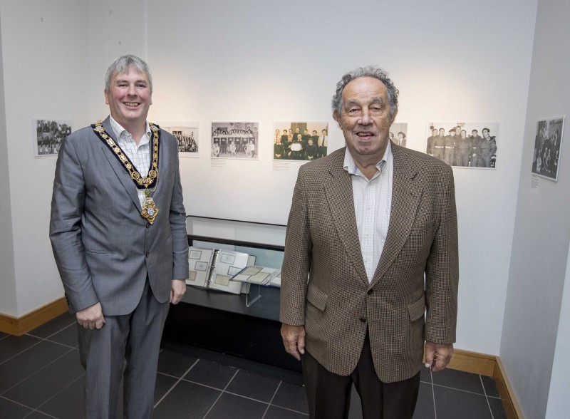 The Mayor of Causeway Coast and Glens Borough Council Councillor Richard Holmes pictured with local historian Nelson McGonagle at the opening of a new exhibition of his photographs at Roe Valley Arts and Cultural Centre.