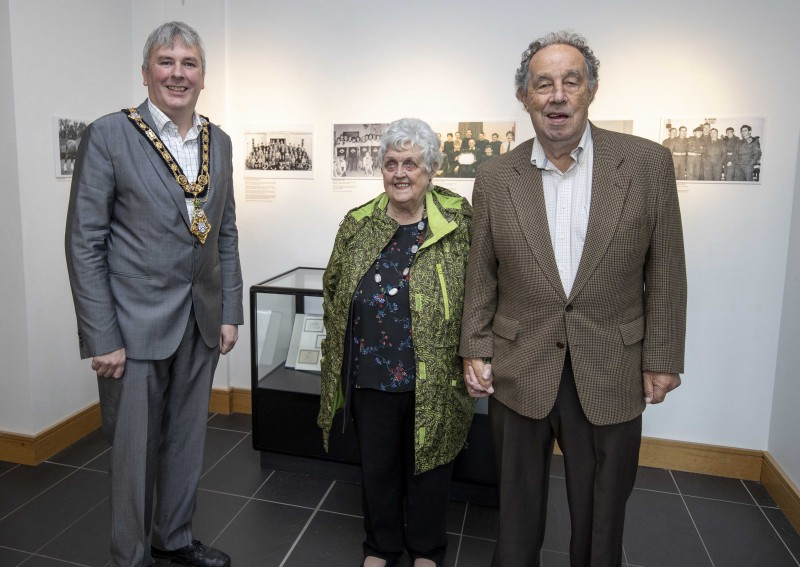 The Mayor of Causeway Coast and Glens Borough Council Councillor Richard Holmes pictured with local historian Nelson McGonagle and his wife Margaret at the opening of a new exhibition of his photographs at Roe Valley Arts and Cultural Centre.