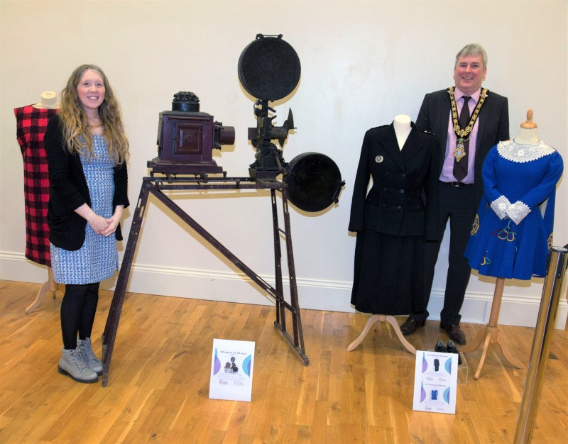 Jamie Austin from Causeway Coast and Glens Borough Council’s Museums Service pictured with the Mayor, Councillor Richard Holmes during his visit to the ‘100 Objects for 100 Years’ exhibition currently open at Ballymoney Museum.