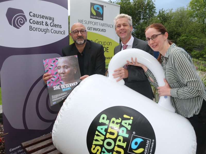 Councillor Orla Beattie along with  Dr Christopher G Stange (Consulate General of St. Vincent and the Grenadines & Secretariat of the All Party Group on Fairtrade) and Nicholas Lestas (Director – The Good Food and Wine Company) promote the Fairtrade message.