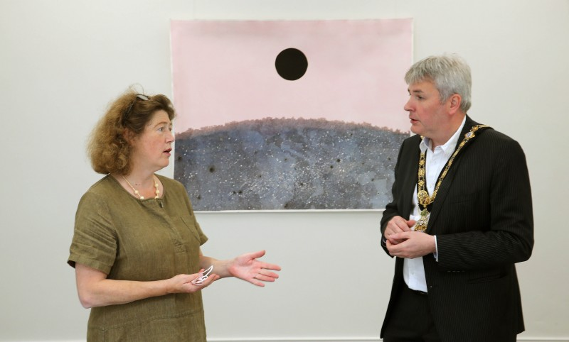 Katie English speaks with the Mayor of Causeway Coast and Glens Borough Council Councillor Richard Holmes during his visit to Flowerfield Arts Centre