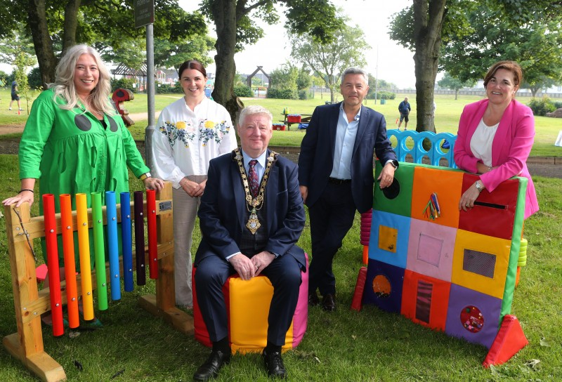 Pictured with some of the new inclusive play equipment are Elaine McConaghie, Sara Adair, Alan Robinson MLA, Julienné Elliott, and Mayor of Causeway Coast and Glens Borough Council Councillor Steven Callaghan.