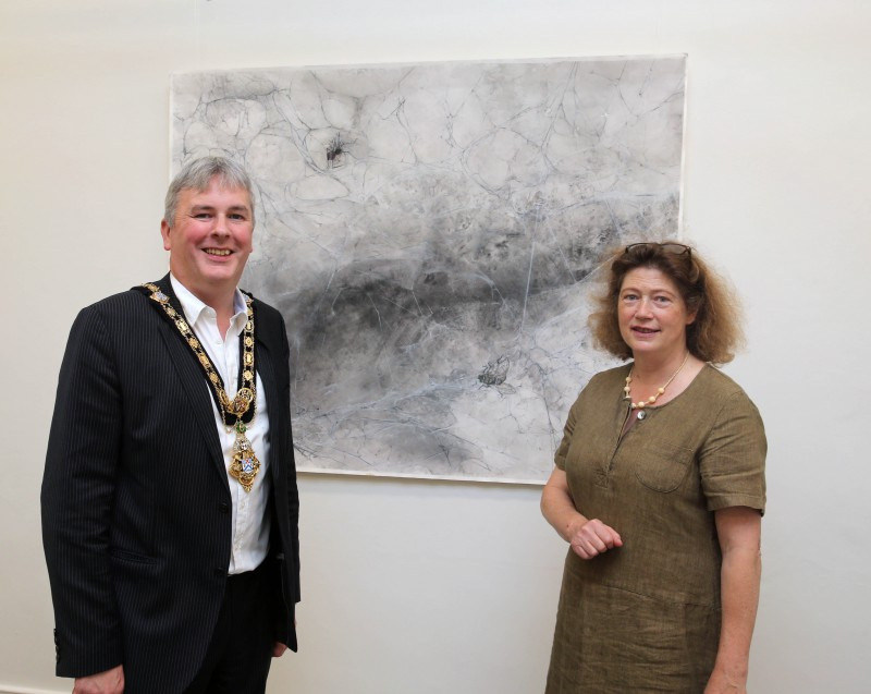 The Mayor of Causeway Coast and Glens Borough Council Councillor Richard Holmes pictured with artist Katy English during his visit to Flowerfield Arts Centre