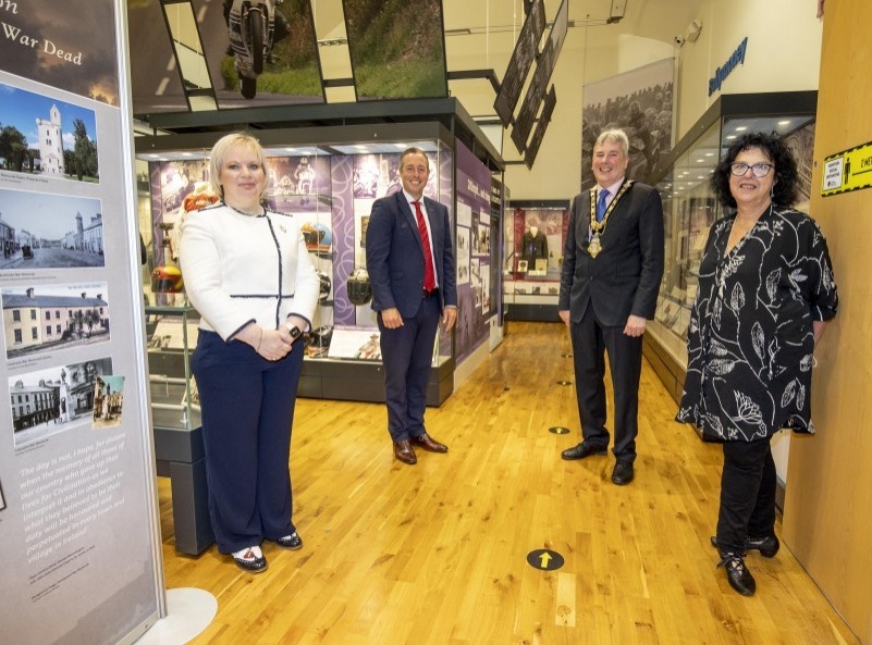 First Minister Mr Paul Givan pictured during his visit to Ballymoney Museum with Alderman Michelle Knight McQuillan, Chair of Causeway Coast and Glens Borough Council’s NI 100 Working Group, the Mayor of Causeway Coast and Glens Borough Council, Councillor Richard Holmes and Helen Perry, Causeway Coast and Glens Borough Council Museum Services Development Manager.