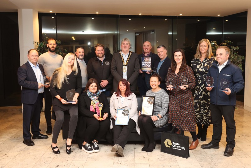 The Mayor of Causeway Coast and Glens Borough Council Councillor Richard Holmes pictured at Cloonavin with Great Taste Award and Blas nah Eireann winners from Causeway Coast and Glens.