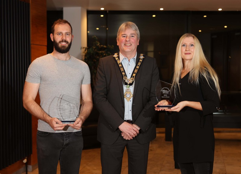 The Mayor of Causeway Coast and Glens Borough Council Councillor Richard Holmes pictured with Blas nah Eireann winners Callum & Tara Joy from Taste Joy.