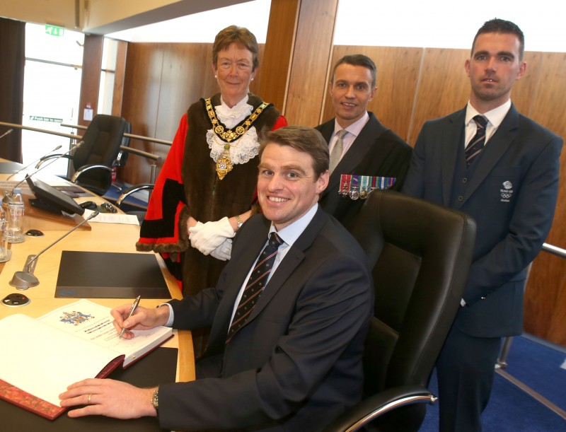 Alan Campbell pictured with the Mayor, Councillor Joan Baird OBE, Chief Executive David Jackson and Richard Chambers.