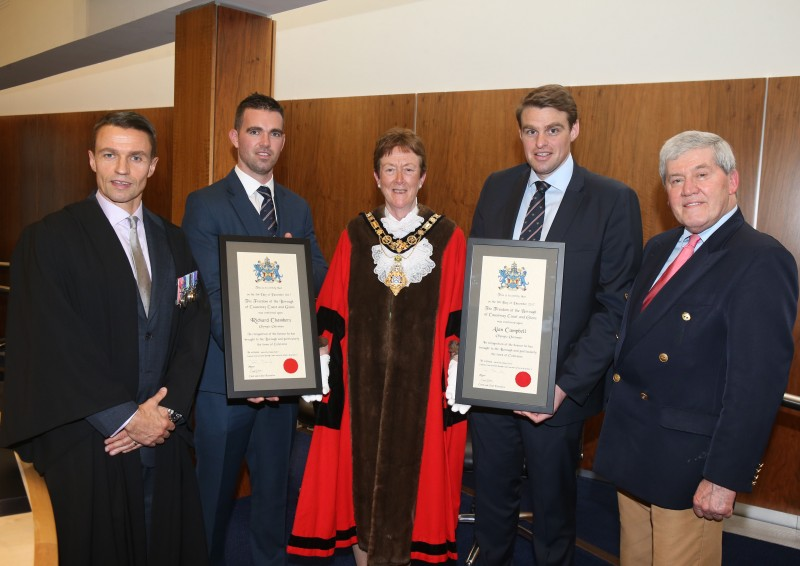The new Freemen, Richard Chambers and Alan Campbell pictured with the Chief Executive David Jackson, Mayor,Councillor Joan Baird OBE and Deputy Lieutenant for County Londonderry Desmond Hill CBE.