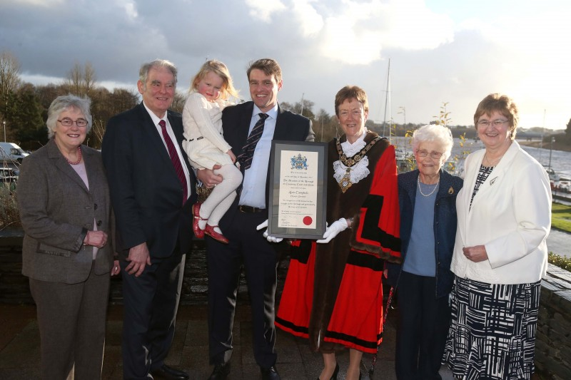 Alan Campbell pictured with family members and the Mayor, Councillor Joan Baird OBE following the Freedom ceremony.