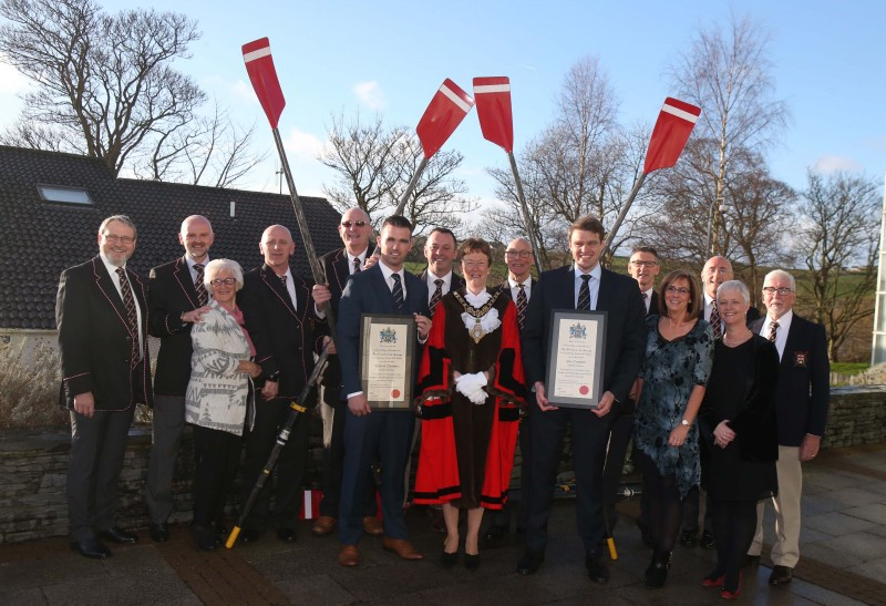 Members of Bann Rowing Club show their congratulations to the new Freemen along with the Mayor, Councillor Joan Baird OBE.
