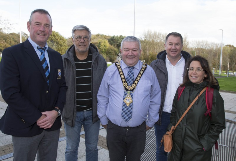 David Barber Coleraine Rugby Club President, pictured with Patrice Lorieau La Roche-sur-Yon FCY Rugby Club Manager, Mayor of Causeway Coast and Glens Council Councillor Ivor Wallace, Jean-Luc Mutschler Training Referee and Translator Clemence Chevalier.