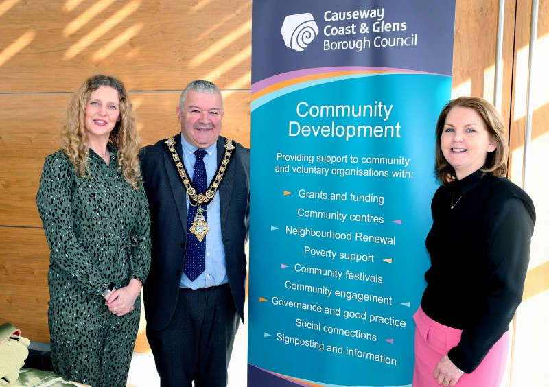 The Mayor of Causeway Coast and Glens Borough Council, Councillor Ivor Wallace, pictured with Catherine Farrimond and Gabrielle Quinn from the Community Development team.