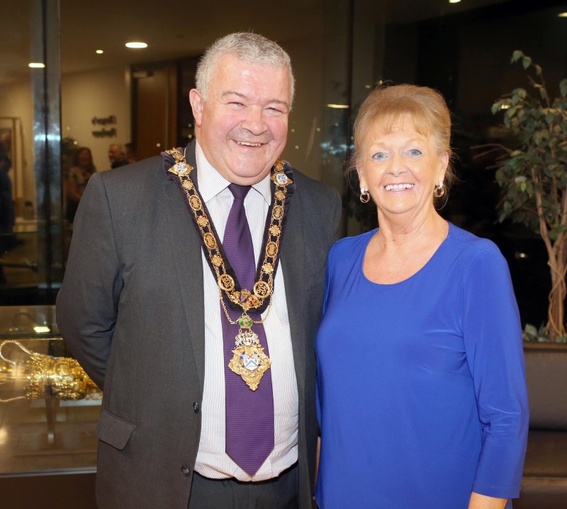 The Mayor of Causeway Coast and Glens Borough Council, Councillor Ivor Wallace, pictured with Etta Costello-Cunningham at the reception in Cloonavin for FUSE FM.