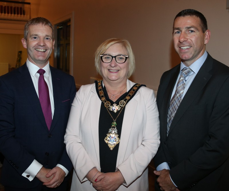 The Mayor of Causeway Coast and Glens Borough Council Councillor Brenda Chivers pictured with Andy Cole from the NI Executive Office and Diarmaid Marsden Ulster GAA