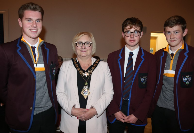 The Mayor of Causeway Coast and Glens Borough Council Councillor Brenda Chivers pictured with Billy Dougan, Gabriel Jones and Andrew McKay from Dalriada School.