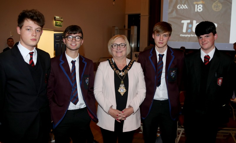 Jakub Bojaanowski, Lennon McKeeman, Stuart Wallace and Odhran Richards pictured with the Mayor of Causeway Coast and Glens Borough Council Councillor Brenda Chivers at the reception held in Ballymoney Town Hall.