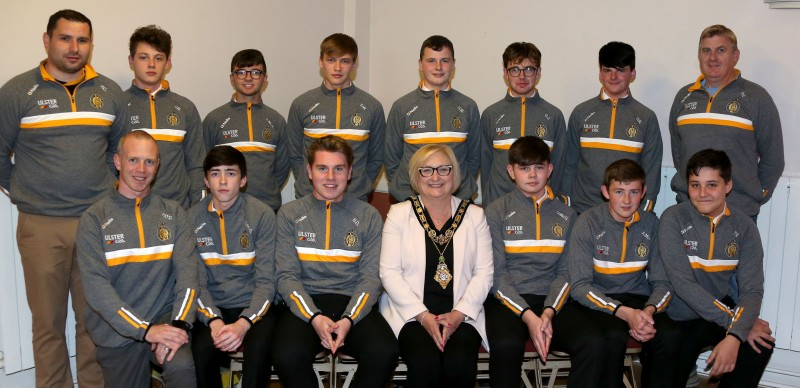 Pupils from Our Lady of Lourdes and Dalriada who took part in the cross community GAA initiative pictured with officials and the Mayor of Causeway Coast and Glens Borough Council Councillor Brenda Chivers.