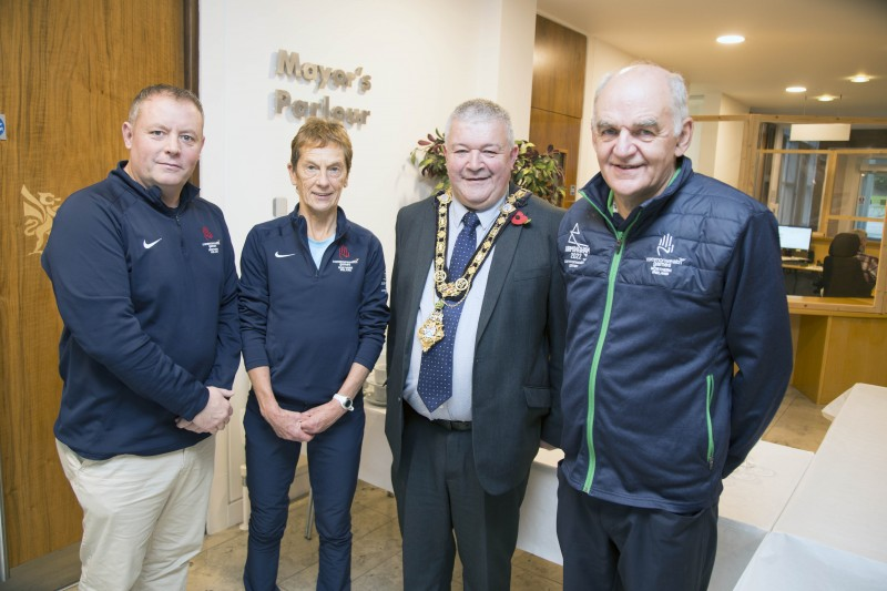 Lawn bowls competitor Ian McClure, para-triathlon guide Anne Paul, the Mayor of Causeway Coast and Glens Borough Council, Councillor Ivor Wallace, and lawn bowls coach Tommy Smith pictured recently in Cloonavin.