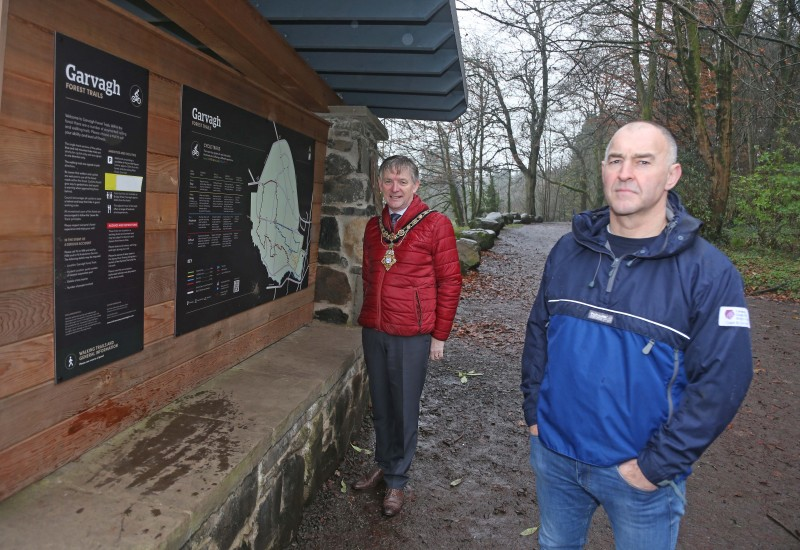 The Mayor of Causeway Coast and Glens Borough Council Alderman Mark Fielding pictured during a recent visit to Garvagh Forest with Causeway Coast and Glens Borough Council’s Coast and Countryside Manager Richard Gillen.