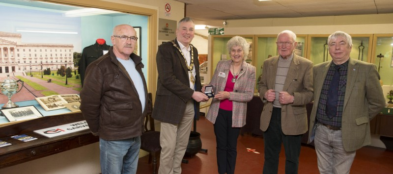 Pictured at Garvagh Museum are Simpson Moffat, the Mayor of Causeway Coast and Glens Borough Council Councillor Richard Holmes, Mrs Jennifer Gardiner, Tom Fleming and Ian Davidson. The Mayor presented a Centenary coin to the museum.