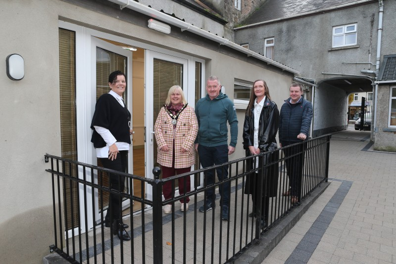Kathleen Doherty, owner of Body and Mind Garvagh, welcoming the Deputy Mayor, Councillor Margaret-Anne McKillop into her new studio. Also pictured is contractor Seamus McGilligan and Department for Communities officials Rhonda Williamson and Ian McQuitty.