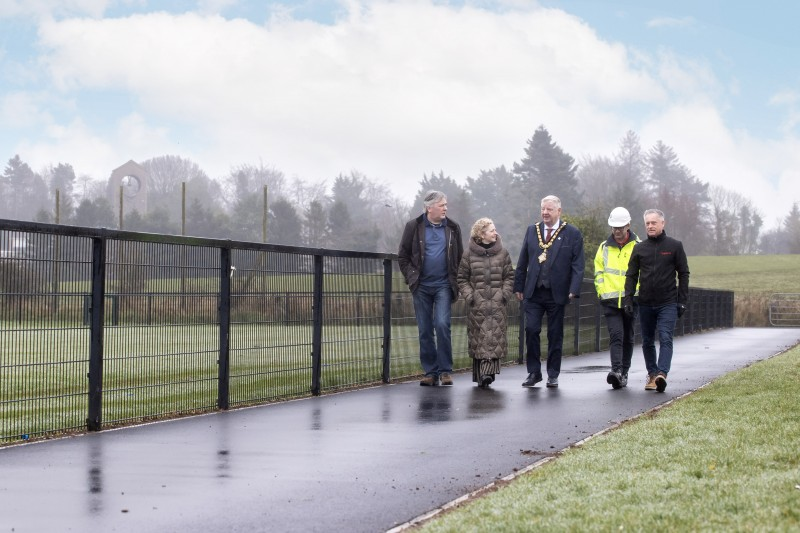 Mayor of Causeway Coast and Glens, Councillor Steven Callaghan walks along the ability cycle/walking path at Clyde Park, Garvagh with Councillor Richard Holmes; Pat Mulvenna, Director of Leisure & Development; Greg McDaid, Site Engineer, Northstone Materials Limited; and Duncan Jamieson, Project Manager representing Taggarts.