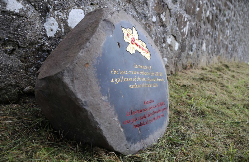 The newly unveiled commemorative stone at St Cuthbert's Church features an image of a jewel encrusted salamander - one of the most noteworthy items recovered from the wreck of La Girona.