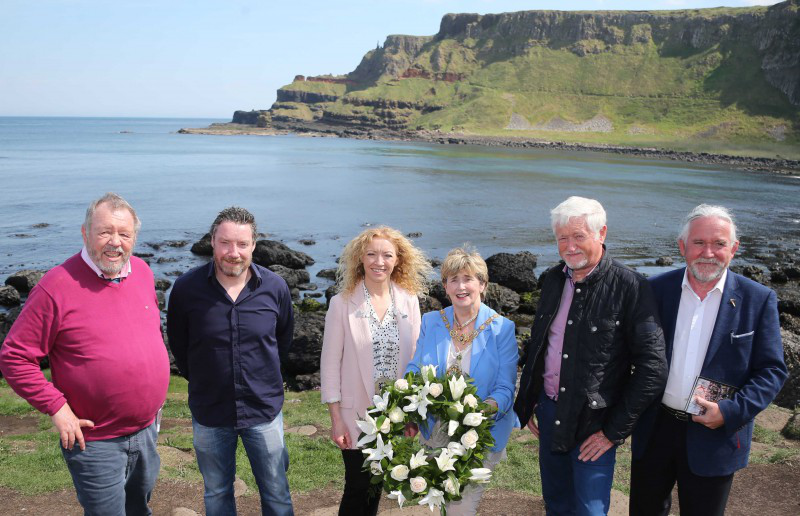 Historian and Chairman of the North Coast Armada Connection Dr Bob Curran, Declan Bruen from Grange and Armada Development Association in County Sligo, the Mayor of Sligo, Councillor Marie Casserly, the Mayor of Causeway Coast and Glens Borough Council, Alderman Maura Hickey, Frank Madden who has dived to the wreck of the Girona, and Eddie O'Gorman from Grange and Armada Development Association in County Sligo pictured at the Giant's Causeway ahead of the wreath laying service.