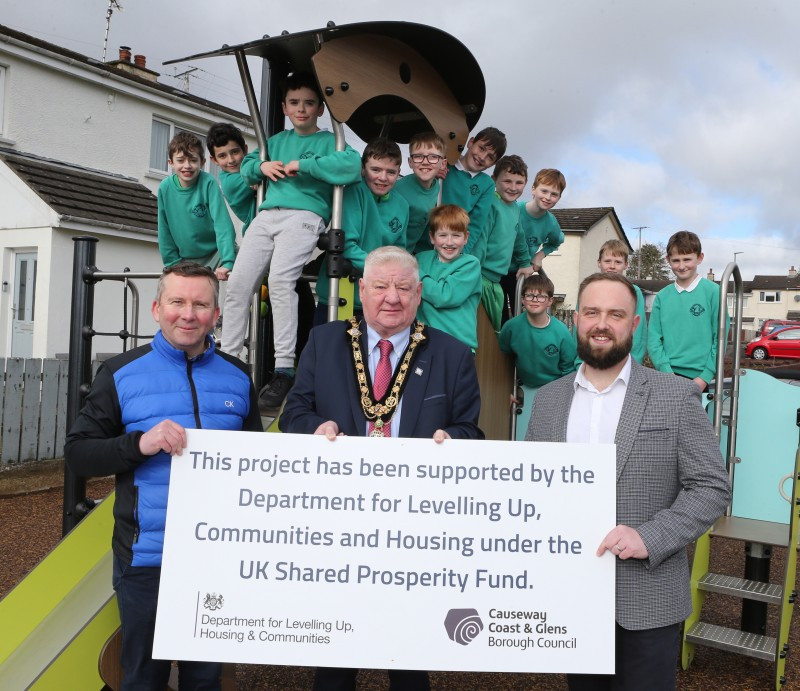 Mayor of Causeway Coast and Glens Councillor Steven Callaghan joins Garry Cardwell, Council Funding Support Officer (left) and Lindsay Hutchinson, Council’s Estates Technical Officer (right) as the recent works on Glenullin Play Park are unveiled.