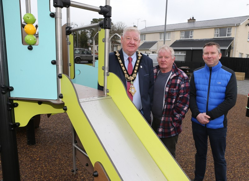 Pictured admiring the recent works at Glenullin Play Park - Mayor of Causeway Coast and Glens Councillor Steven Callaghan, Councillor Ciarán Archibald and Garry Cardwell, Council Funding Support Officer.
