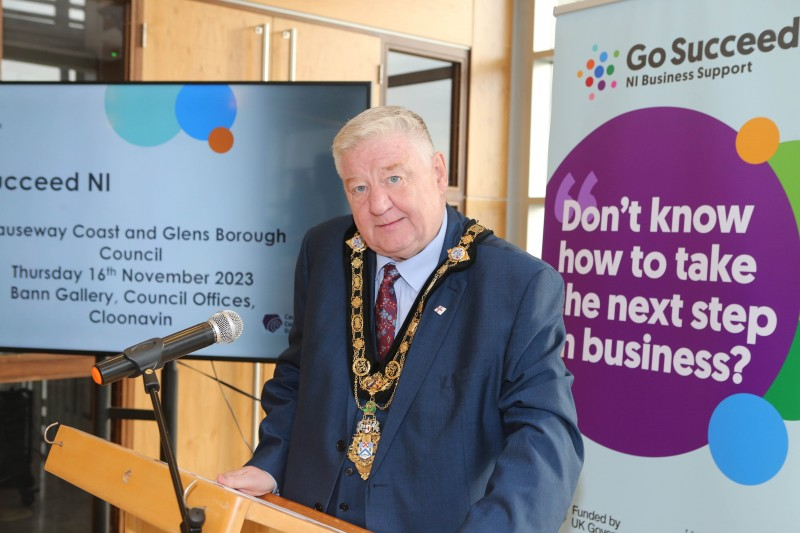 Mayor of Causeway Coast and Glens, Councillor Steven Callaghan welcoming attendees to the Launch of ‘Go Succeed’.