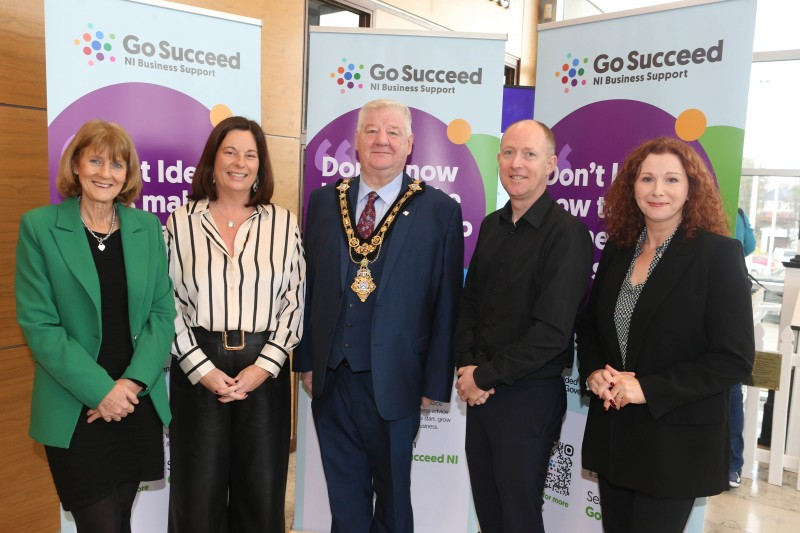 Mayor of Causeway Coast and Glens, Councillor Steven Callaghan alongside Deirdre Fitzpatrick from Fitzpatrick & Associates, Jayne Taggart from Enterprise Causeway, Eamonn Cavlan from Fitzpatrick & Associates, Bridget McCaughan from Causeway Coast and Glens Borough Council at the ‘Go Succeed’ launch event.
