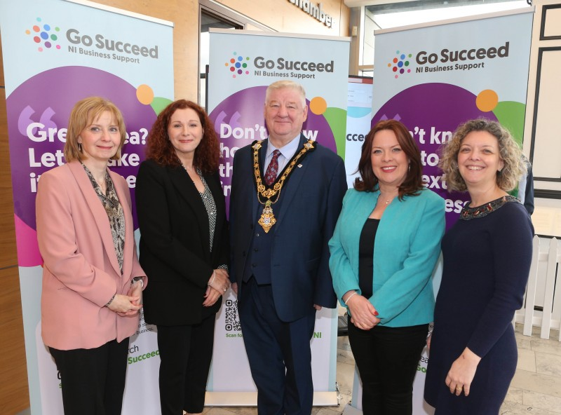 Mayor of Causeway Coast and Glens, Councillor Steven Callaghan alongside the Councils Business Support Team, Una Bailey, Bridget McCaughan, Joanne McLaughlin and Louise Pollock.