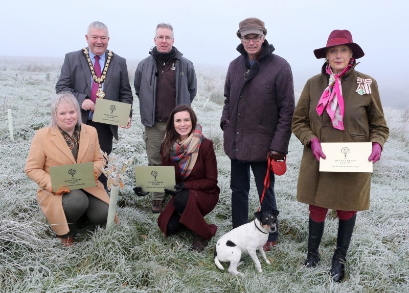 The Mayor of Causeway Coast and Glens Borough Council, Councillor Ivor Wallace, Coast and Countryside Officer Michael McConaghy, Alan Millar, the Lord Lieutenant of County Londonderry, Alison Millar, Alderman Michelle Knight McQuillan, Chair of Council’s Platinum Jubilee Working Group, and Leona Kane, Deputy Lieutenant of County Londonderry, pictured at Letterloan where thousands of new trees have been planted as part of the Queen’s Green Canopy.