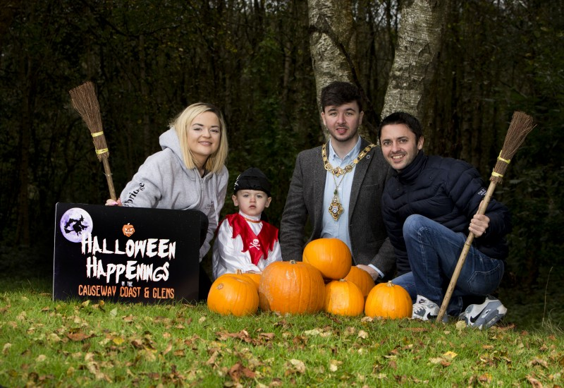 The Mayor of Causeway Coast and Glens Borough Council Councillor Sean Bateson pictured with Ruth Owen and Gareth Witherow, representing sponsors The Newbridge/The Tides, and little Jackson Witherow as the countdown begins to this year’s Halloween Happenings in the Causeway Coast and Glens.