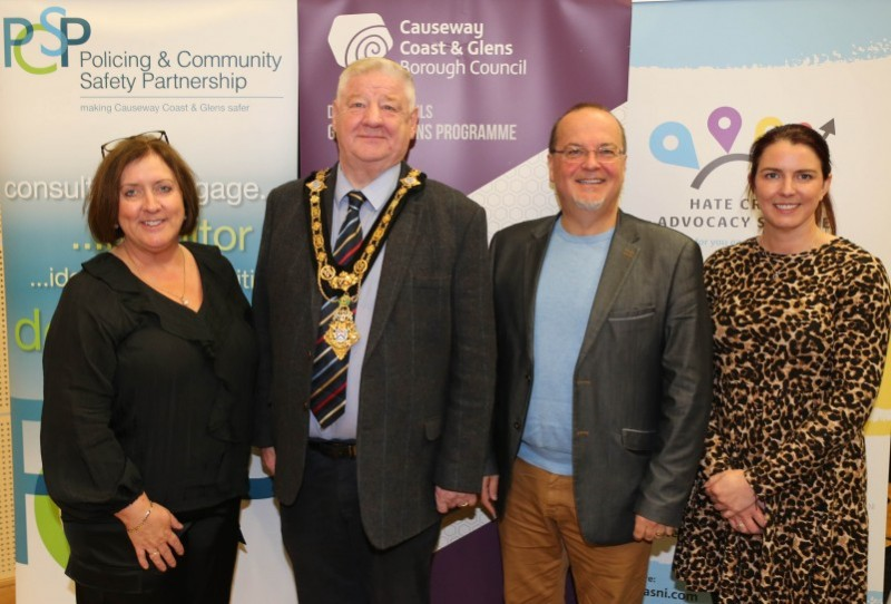 Mayor of Causeway Coast and Glens, Councillor Steven Callaghan and Good Relations Officer Joy Wisener with presenters Tony Macaulay and Wendy McConnell at the ‘Who are WE?’ workshop.