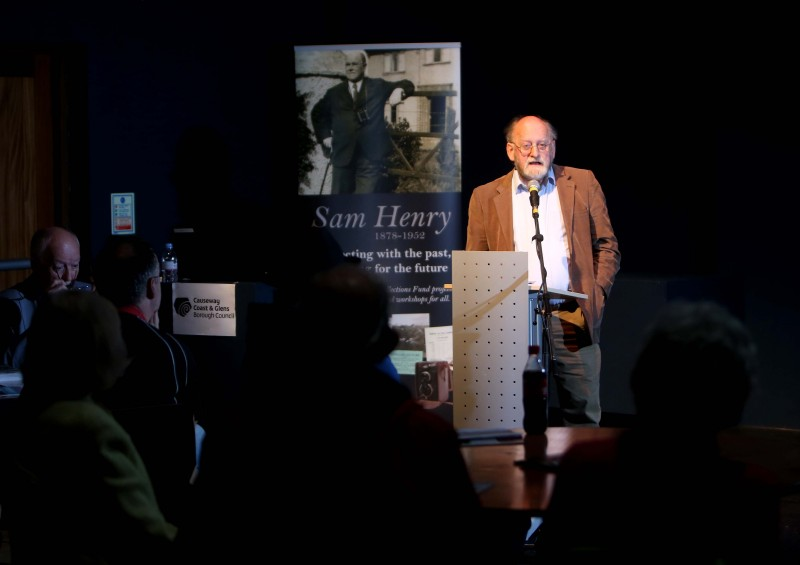 Dr John Moulden, who previously researched the Sam Henry collection, speaking at the event in Flowerfield Arts Centre.