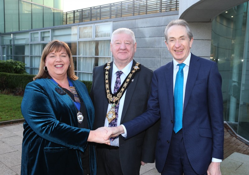 Mayor of Causeway Coast and Glens, Councillor Steven Callaghan with new High Sheriff of County Londonderry, Linda Steele and her predecessor Peter Wilson at the handover ceremony in Cloonavin.